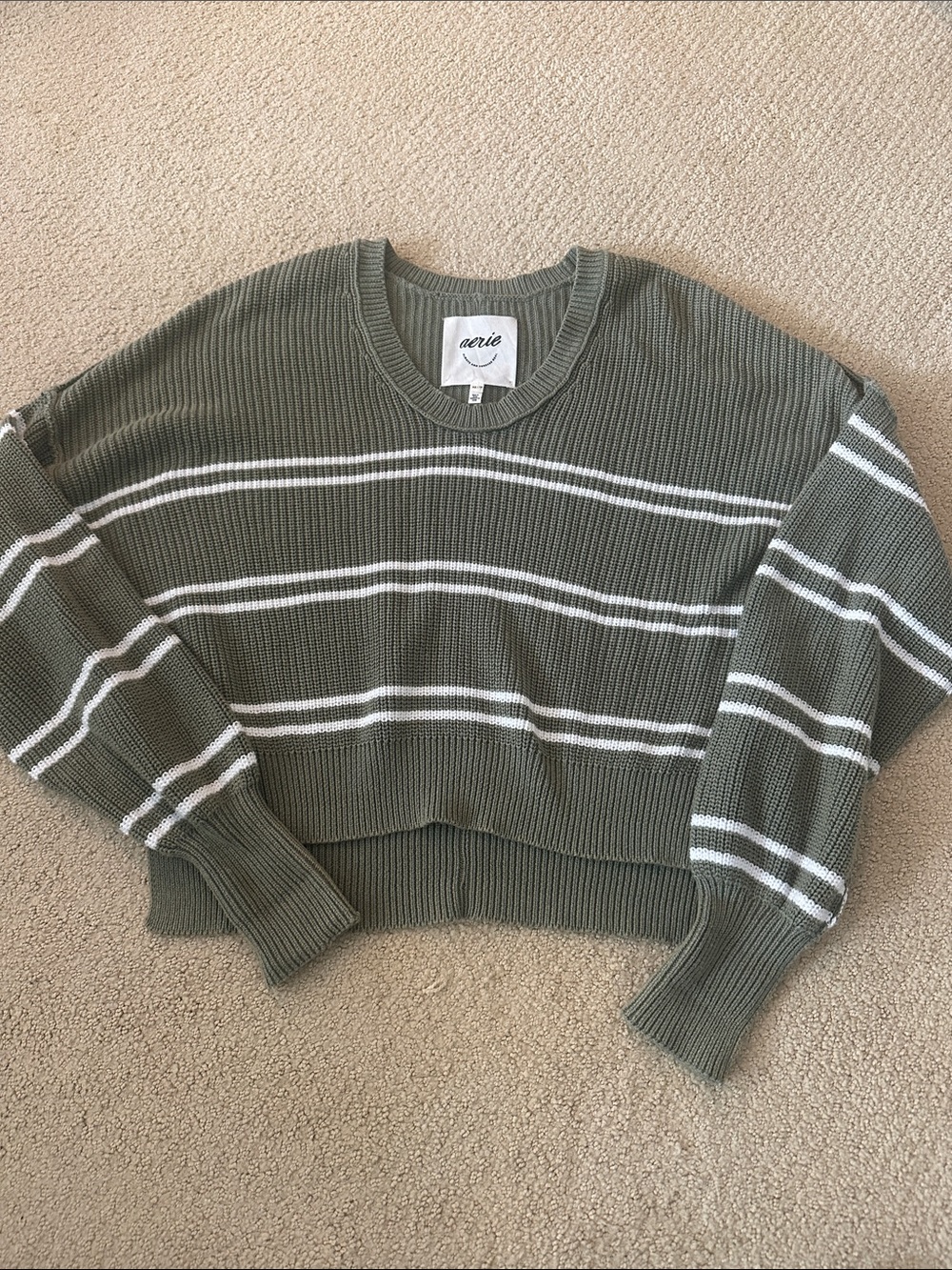 aerie Olive Green & White Striped Crewneck Sweater
